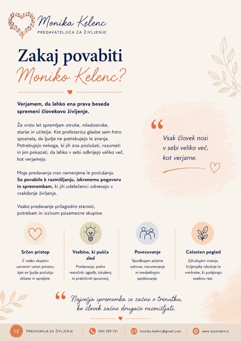 Stran 2 predstavitve: zakaj povabiti Moniko Kelenc – srčen pristop, vsebina, ki pušča sled, povezovanje in celosten pogled